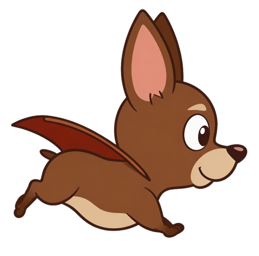 Chocolate the Super Dog leaping forward in his red cape