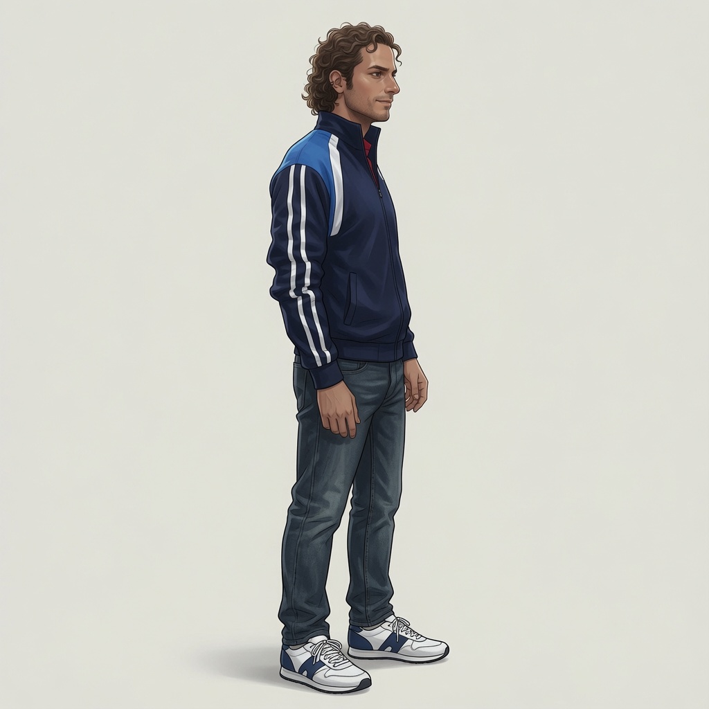 Milo, a young man in a navy track jacket and jeans, standing in profile