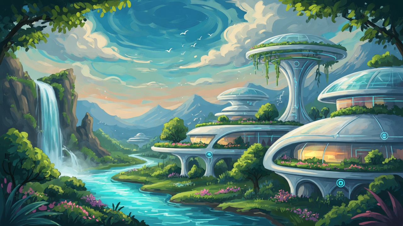 A waterfall beside domed buildings above a winding river valley