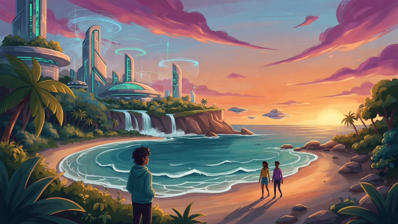A boy watching the sun set over a bay below a cliffside city