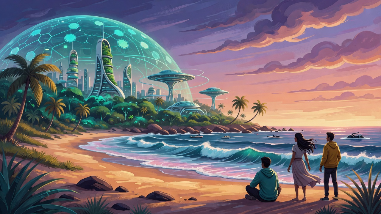 Three people on a beach at dusk below a great domed city
