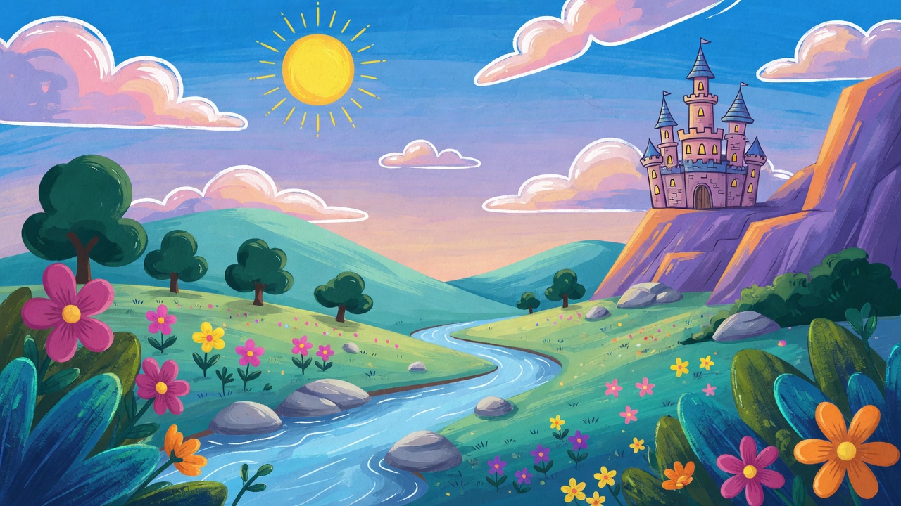 A pink castle on a cliff above a flowering meadow and a winding stream