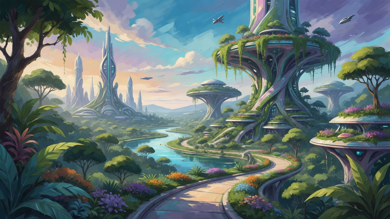 A pale glowing path curving through an overgrown city of tree-shaped towers